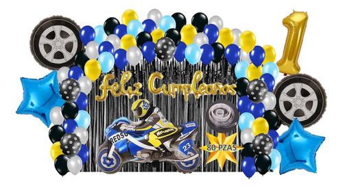 Kit Decoracion Fiesta Cumpleaños Motocicleta De Carreras 80p