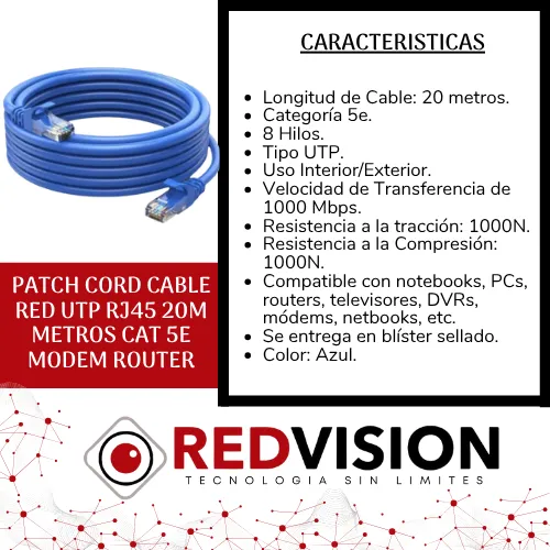 Patch Cord Cable Red Utp Rj45 20m Metros Cat 5e Modem Router