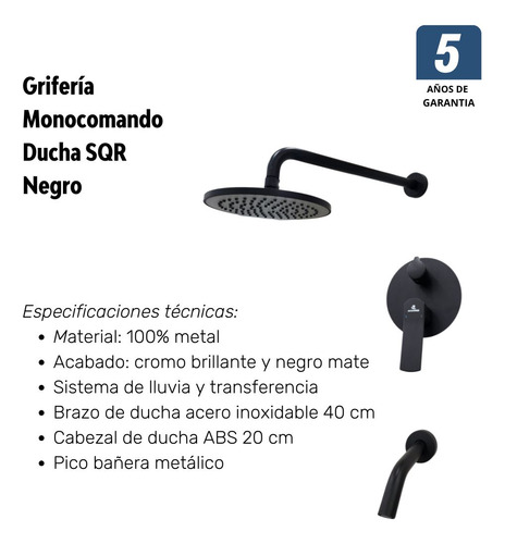 Grifería Bernova Monocomando Sqr Ducha Baño Negro Garan 5