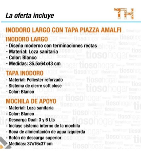Inodoro Largo Deposito Dual Tapa Suave Piazza Premium Amalfi