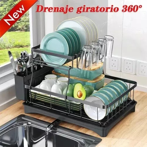 Escurridor de Platos de 2 Niveles con Bandeja Drenaje 360°, Escurreplatos de Acero Inoxidable para Cocina, Organizador Moderno para Platos, Tazas, Cubiertos y Vajilla, Soporte Compacto y Funcional