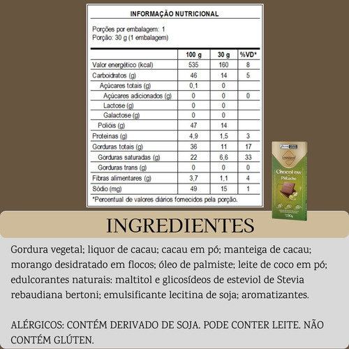 Chocolate Chocolow Com Pistache Zero Lactose 30g Kit Com 10