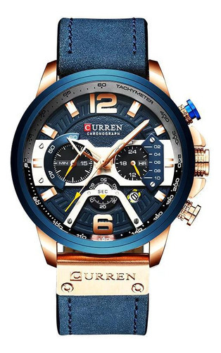 Relógio Curren 8329 Luxo Couro Azul Original