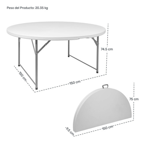 Mesa Plegable Portatil Redonda 1.50m Jardin Exterior Color Blanco