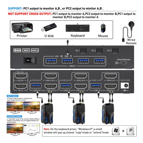 Kvm Switch Splitter Hdmi - Hdmi Usb 3.0 - 3 Pc En 2 Monitor