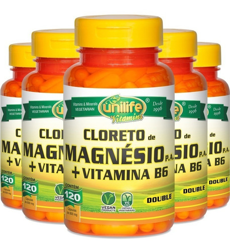 Kit Com 5 Cloreto De Magnésio P.a. 800mg Unilife 120 Cáps Sabor Sem Sabor