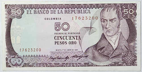 Billete 50 Pesos 01/ene/1985 Sin Fibras Colombia Unc