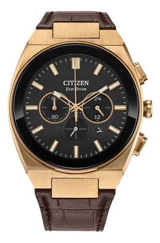 Ca4583-01e Reloj Citizen Modern Sport Strap Eco Drive 43mm Correa Café Bisel Dorado Fondo Negro