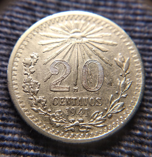 Moneda 20 Centavos Resplandor 1941 Plata Ley .720