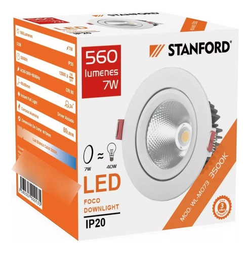 Foco 7w Downlight Dirigible Embutido 3000k Cálido Stanford