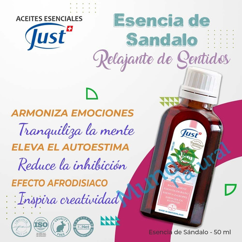 Imagen 2 de 8 de Swiss Just Esencia De Sándalo 50ml Sensualidad Y Armonia