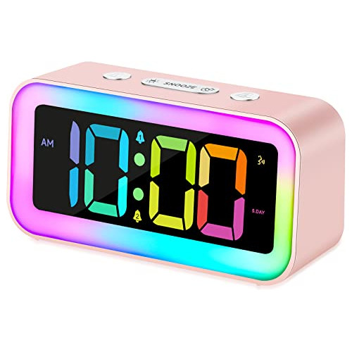 Reloj Despertador De Escritorio Mesa Rosa Luz Nocturna Rgb