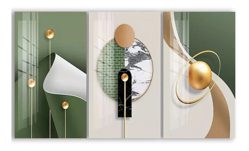 Cuadros Decorativos Abstractos Verde Y Dorado ltop-decor Geométricos Para Sala 3 Unidades