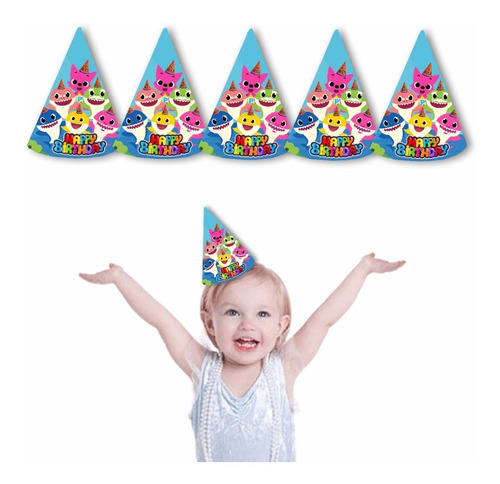 Gorros Conos Baby Shark Cumpleaños Pack X5