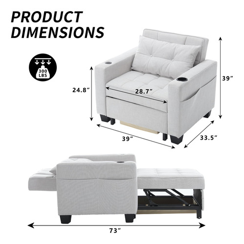 Sillón Convertible 99 Cm Sofá Cama Individual 3 En 1 Lino Bl