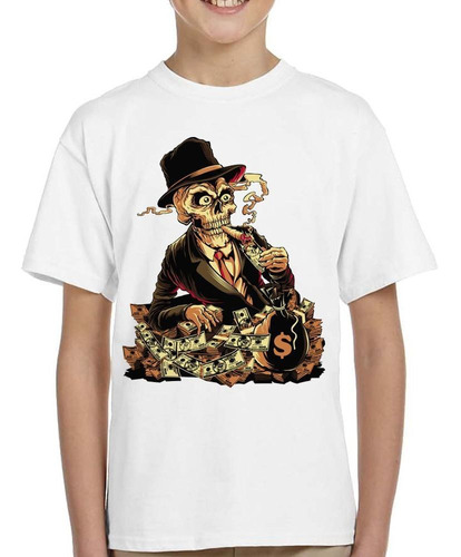 Remera De Niño Calavera Prendiendo Cigarrillo Con Billet