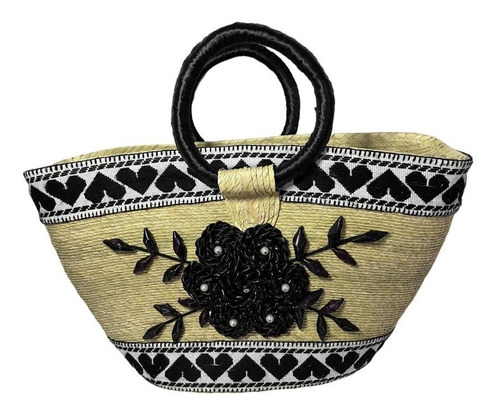 Bolsa De Playa Tejido Artesanal En Palma (flores Negras)