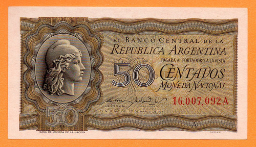 Billete 50 Ctvos Moneda Nacional, Bottero 1901, Año 1950 Sc 