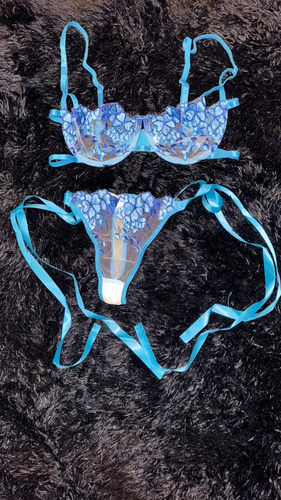 Conjunto Lencería Spicy Lingerie - Corpiño Y Bombacha Azul Floreado S