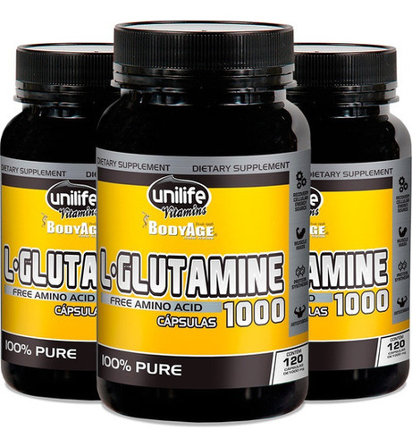 Kit Com 3 L-glutamina 100% Pura Unilife 120 Cápsulas Sabor Sem sabor