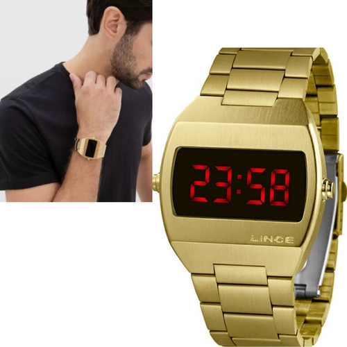 Relógio Masculino Lince Dourado Quadrado Led Mdg4620l Vxkx