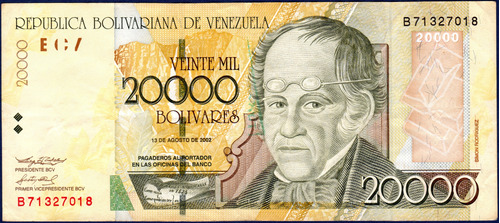 Billete De 20000 Bolívares B8 Agosto 13 2002 Simón Rodríguez