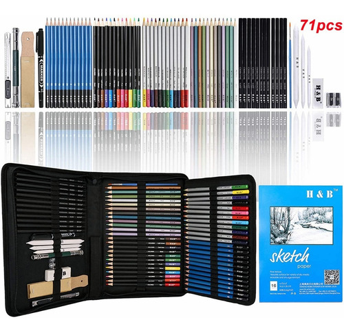 Imagen 1 de 10 de Kit De Lápices De Dibujo Y Boceto Con Accesorios H&b 71pzs