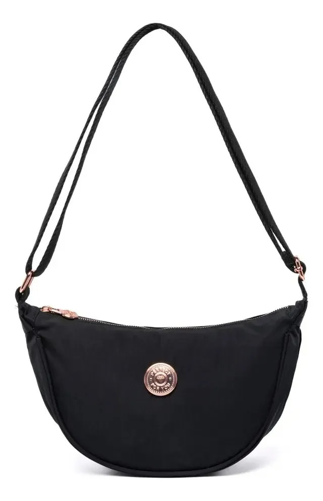 Bolsa Feminina Transversal Meia Lua Reforçada Alça Lateral Cor Preto Desenho Do Tecido Liso