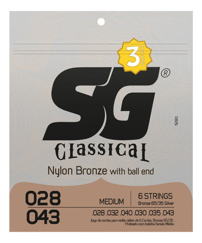 Pack 3 Encordoamento Sg P/violão Nylon Bronze Prateado 65/35