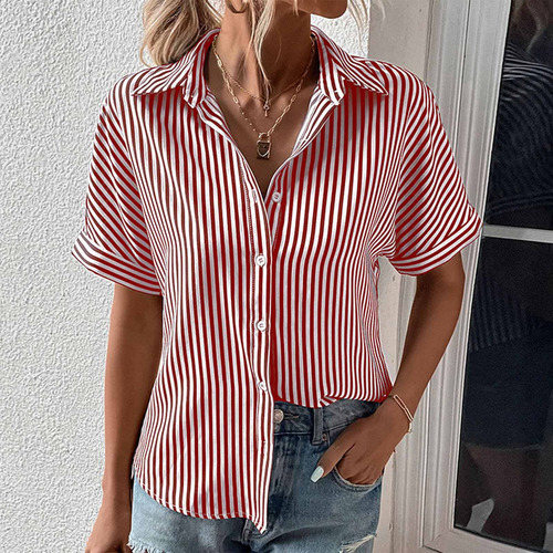 Camiseta De Algodón De Manga Corta A Rayas Con Cuello Vuelto