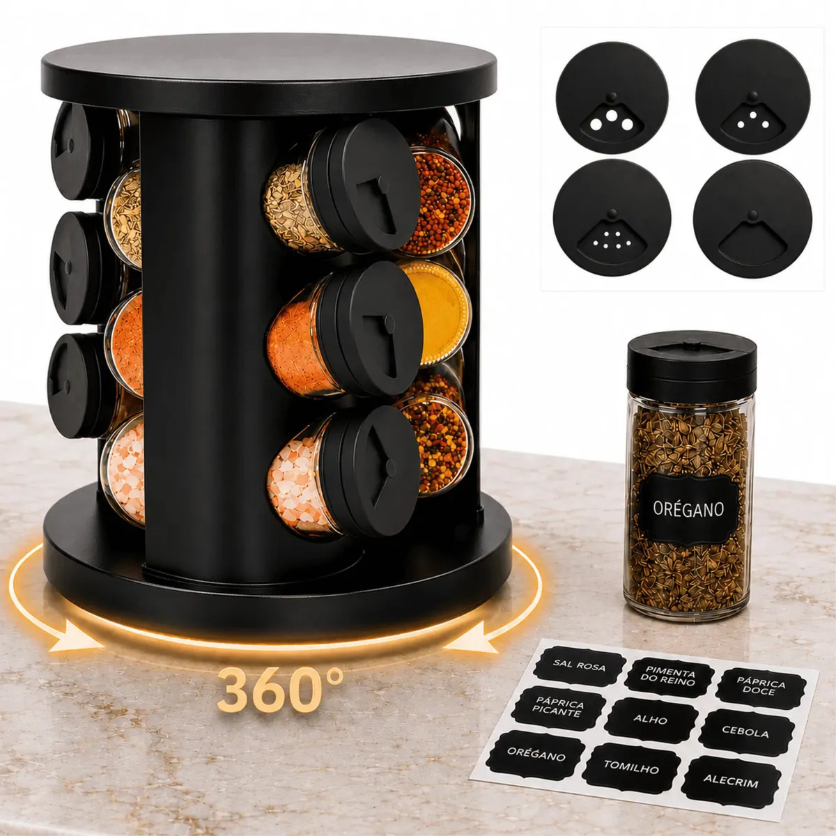 Porta Temperos Condimentos 9 Potes De Vidro Base  Giratória 360° 9 Etiquetas Adesiva Organizador Cozinha Dosador Suporte Bancada Mesa Orégano Sal Páprica Pimenta Indue Variedades