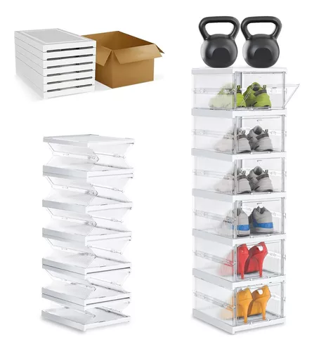 Paquete de 12 cajas de zapatos, cajas de plástico acrílico transparente  apilables, cajas de almacenamiento plegables para zapatos con tapas para