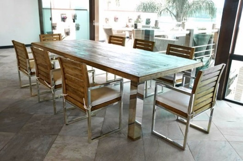 Conjunto Mesa Aluminio E Madeira Maciça 2 X 1 + 8 Cadeiras