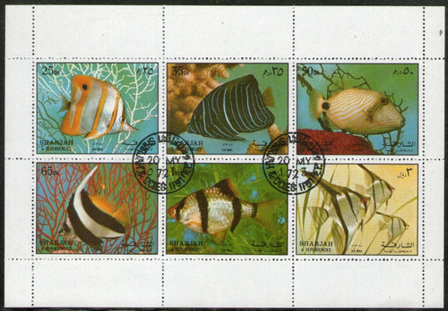 Sharjah 1 Hojita Bloc X 6 Sellos Usados Peces Año 1972 