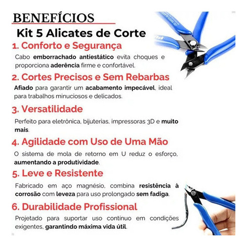 [ Kit 5 Alicates Corte Rente Diagonal De Precisão