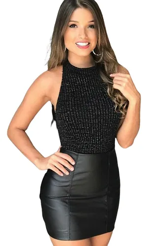 Falda Circular Mujer Sexy Vinipiel Negra Corta Moda