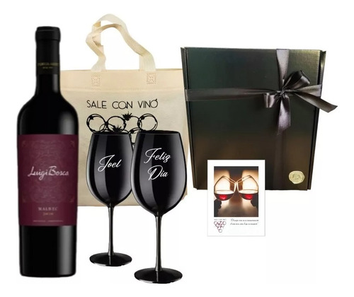 Regalo Empresarial Box Vino 2 Copas Negras Personalizado X10