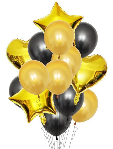  Set 14 Globos Metalizados Estrella Corazon Dorados Y Negros