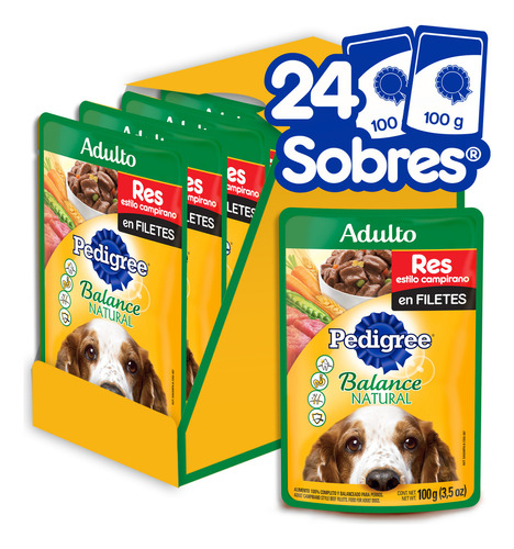 Sobres Pedigree 24 unidades Balance natural perro adulto 100g cada uno