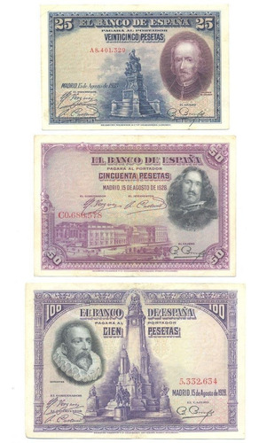 España 1928 Lote X 3 Billetes Antiguos 100, 50 Y 25 Pesetas