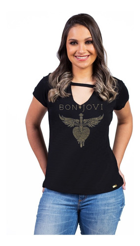 Camiseta Feminina Bon Jovi Banda Strass Rock Show T-shirt