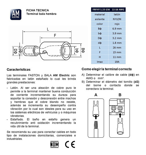 Termnal Bala Hembra Cubierta (22-16 Awg) Nylon Rojo 100 Pzs