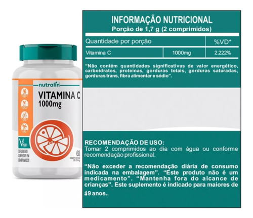 Kit 3x Vitamina C 1000mg 180 Comps Vegano Nutralin