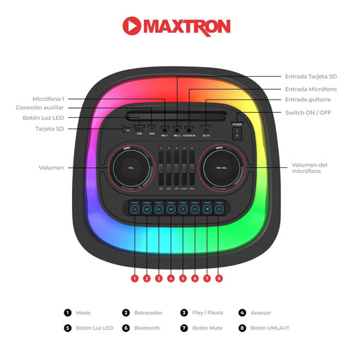 Torre De Sonido Maxtron Infinity Usb Bt Tws Ledrgb Micrófono