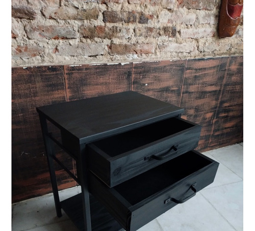 Imagen 3 de 7 de Mesa De Luz Hierro Madera Industrial 50x35x60 Black Moderna