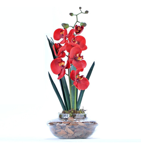 Arranjo De Orquídea Artificial Vermelha Em Terrário Pequeno