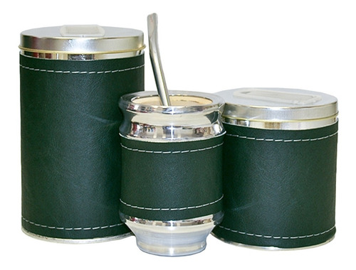 Imagen 5 de 7 de Equipo Matero Completo Set Verde Mate Madera Eco Cuero Kit