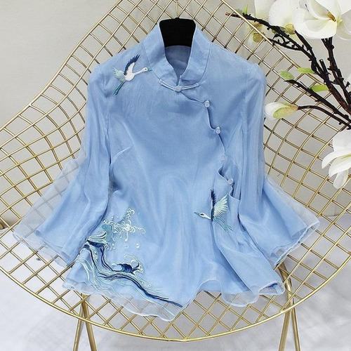 Camisa Tang Con Bordado De Grulla Para Mujer Eleganti Hanfu