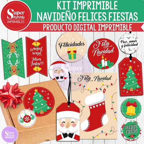 Kit Imprimible Emprendedor Navideño Tags Felices Fiestas 