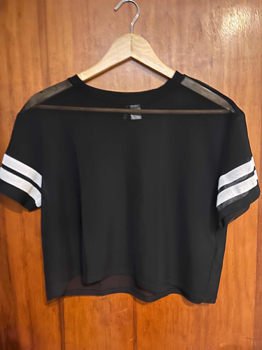 Remera Negra, H&m, Talle M, Traslúcida, Con Rayas En Mangas